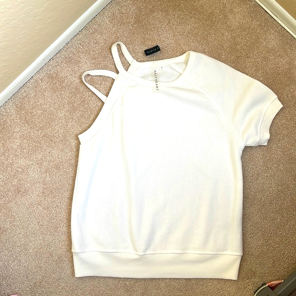 White sweaterlike material shirt with one sleeve and tank on other side